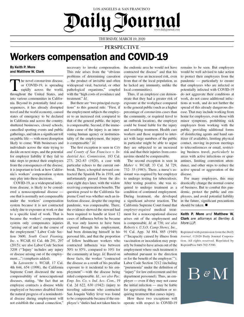 Workers' Compensation & Covid-19 in The Daily Journal