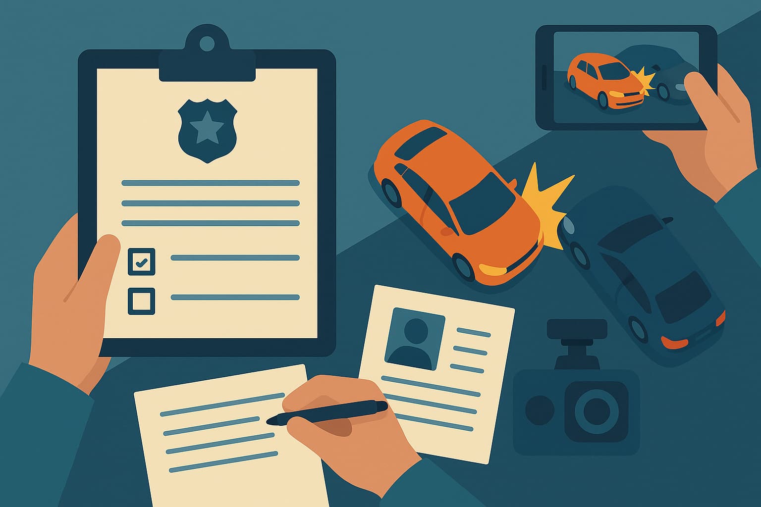 Flat-style illustration showing key evidence after a lane change collision, including a police report, photos of the crash, witness information, written notes, and dashcam footage.