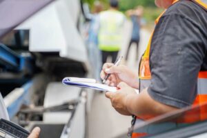 Insurance agent assesses truck accident claim, writing on clipboard amidst blurred damaged vehicles, people in background.