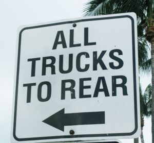 Sign indicating "Keep Clear: Trucks Only"