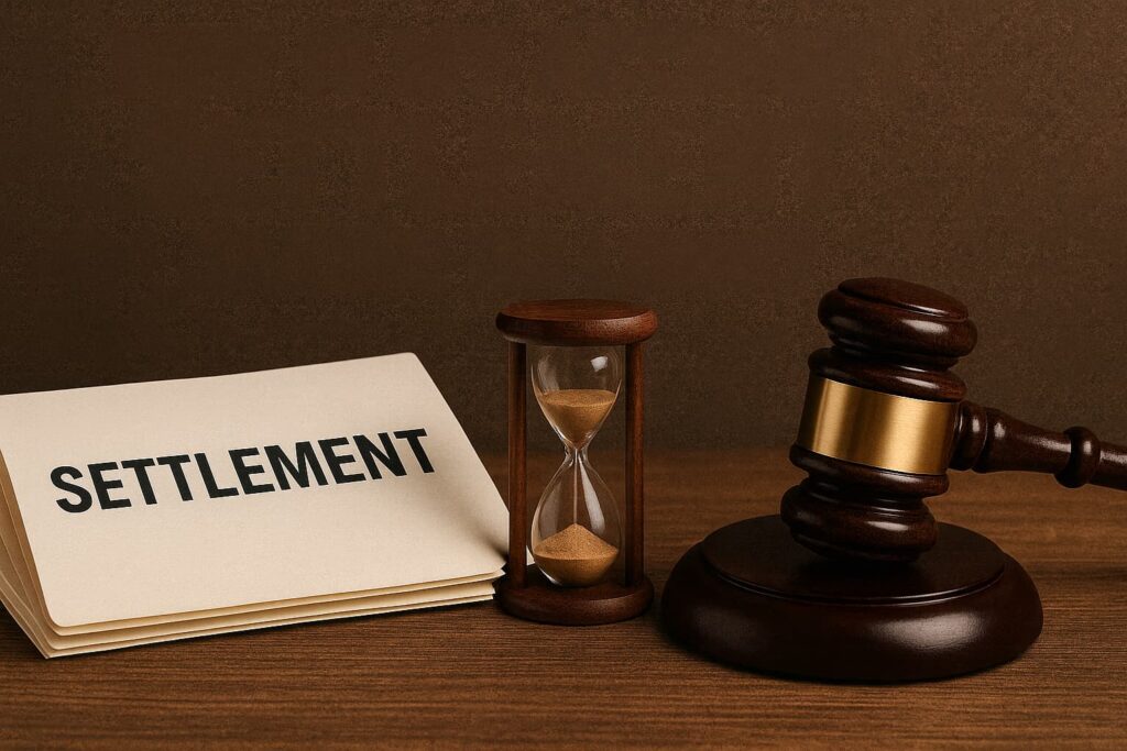Un mazo de juez de madera, un reloj de arena y un documento legal en blanco sobre un escritorio, que simbolizan las demoras en el proceso de resolución del accidente.