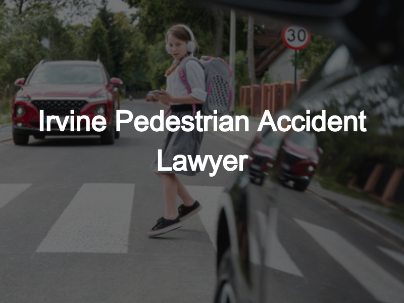 A young girl wearing a backpack and headphones walks across a pedestrian crosswalk while a car approaches, highlighting the need for an Irvine pedestrian accident lawyer.