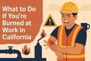 Illustration of a construction worker in California clutching a burn injury on his arm with visible flames and workplace hazards like a blowtorch and caution sign in the background, representing a workplace burn accident scene.