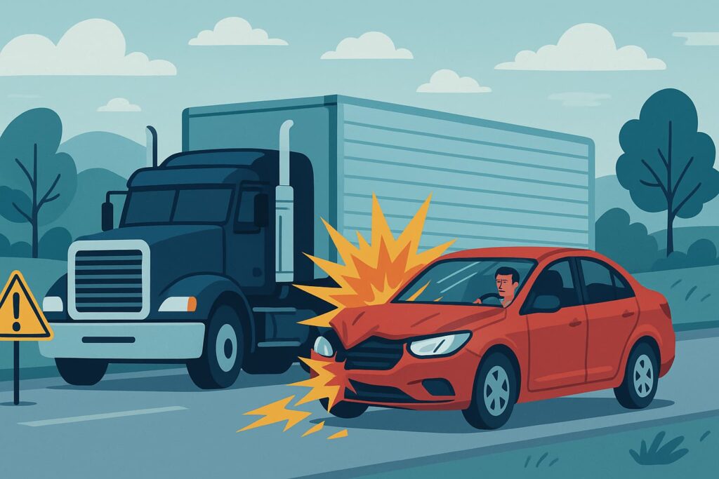 Ilustración digital de un camión de carga que choca contra un automóvil rojo en una carretera de dos carriles, en la que se destacan los daños sufridos por los vehículos y el impacto del accidente, con un paisaje rural de fondo.
