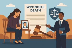 A flat-style digital illustration depicts a wrongful death consultation, with a grieving woman seated beside a photo of the deceased, a gavel and legal document on a table, and a professional lawyer offering guidance in an outdoor Orange County setting.