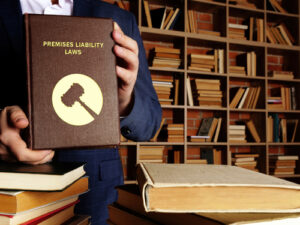 Lawyer holding a book titled Premises Liability Laws in a library, symbolizing legal responsibility for property maintenance and injury claims
