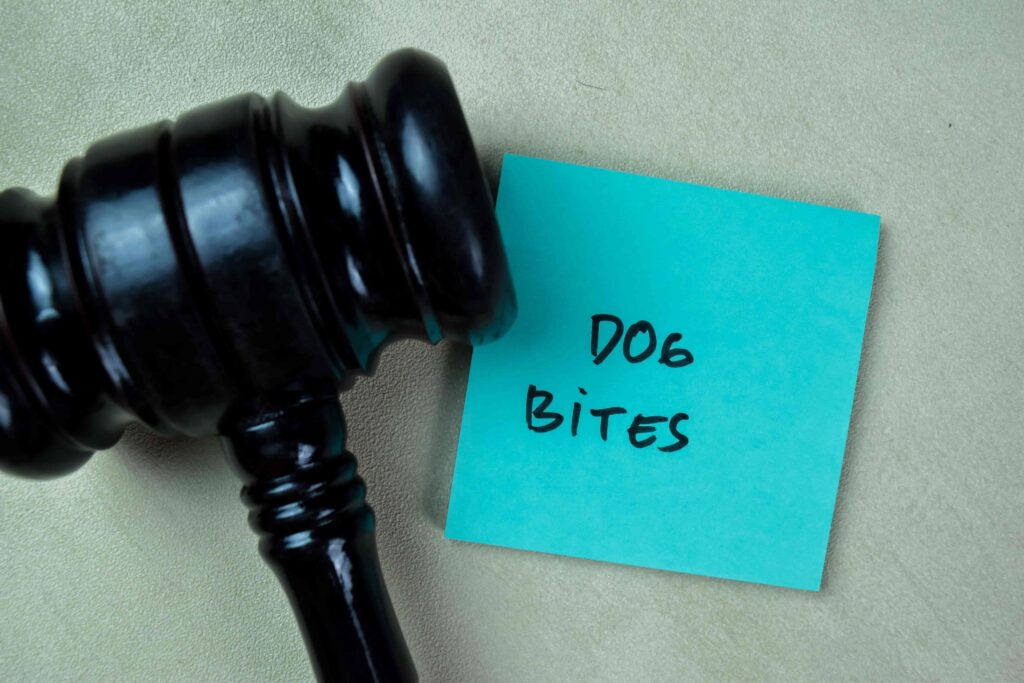 Judge’s gavel next to a note reading dog bites, symbolizing legal cases and claims for dog bite injuries.