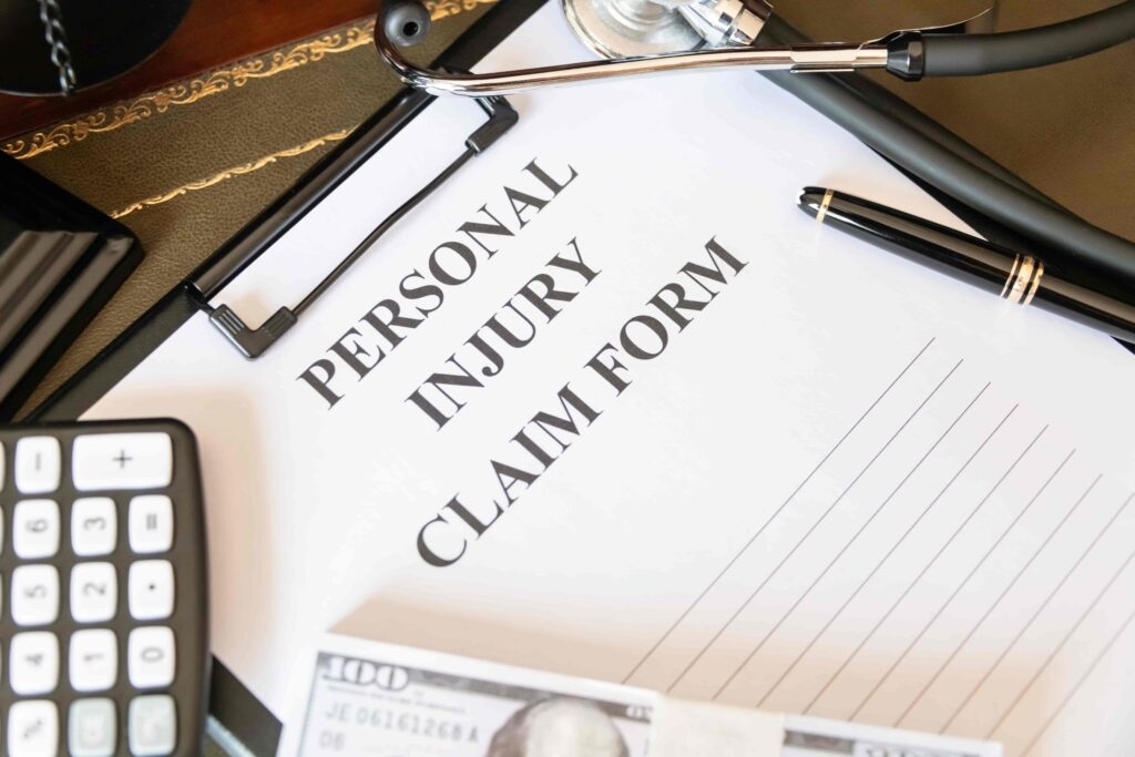 Personal injury claim form with pen, stethoscope, calculator, and money on desk.