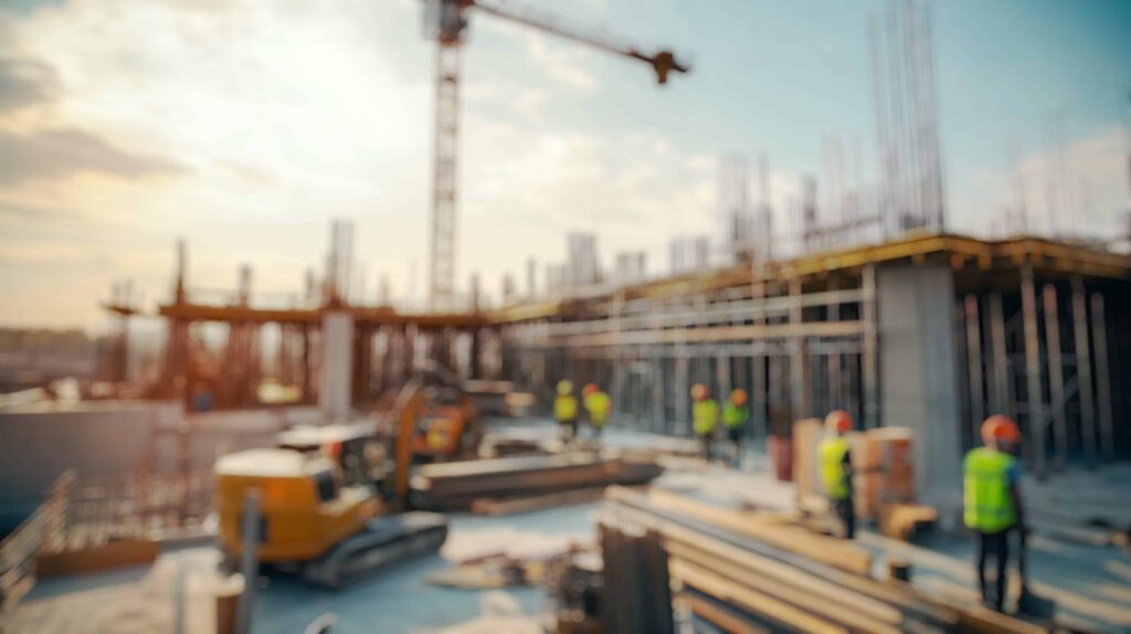 Construction site with workers and cranes at sunrise, showing building development and construction safety environment.