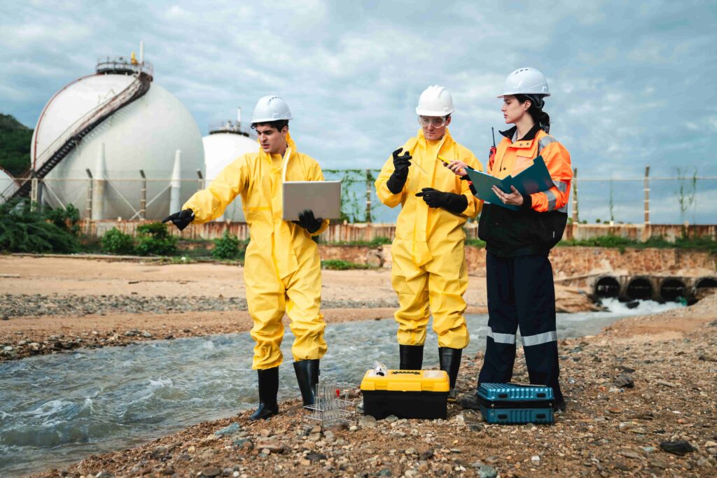 Environmental engineers in hazmat suits testing water pollution near industrial plant site.